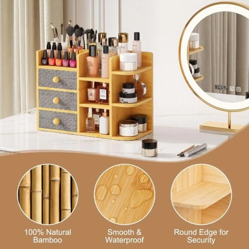 Bamboo Makeup Organizer with Brush Holder, Drawers & Shelves for Vanity & Room